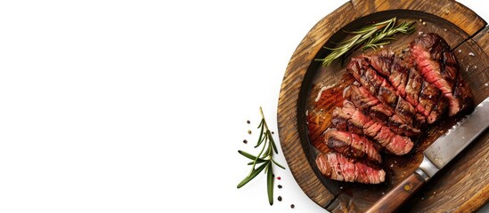 Wall Mural - Sliced roasted hanger or onglet beef steak on a rustic plate with a cleaver, isolated on a white background with copy space image.