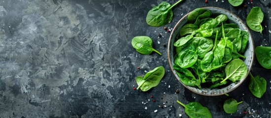 Wall Mural - Fresh organic spinach salad on rustic backdrop with ample copy space image.