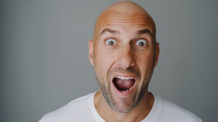 Wall Mural - A bald man with a wide open mouth and a surprised expression. The man's eyes are wide open and his mouth is wide open, giving the impression that he is shocked or surprised