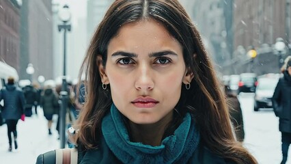 Poster - Young woman serious face portrait on a city street snowing