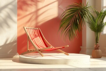 Poster - Red Lounger Chair on a White Platform in a Tropical Setting