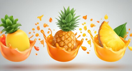 Wall Mural - Orange paint splash. Mango, pineapple, papaya juice. 3d realistic vector set of design eleme