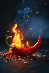 a close up of two red peppers on a black background with a fire in the backgroun