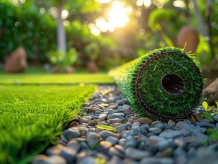 Rolled-up artificial grass section, intricate details shown in close-up, a beautifully landscaped home garden softly blurred behind, high-definition macro shot