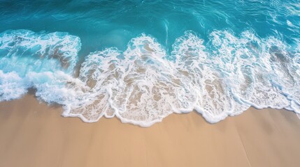 Sticker - Turquoise ocean water is creating white foam on a sandy beach. The picture is perfect for any travel agency or tourism advertisement