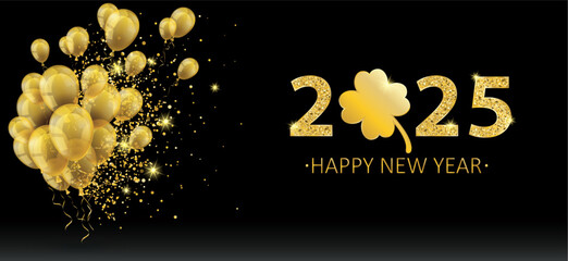 Wall Mural - Golden Balloons Particles 2025 Shamrock New Year Black