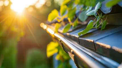 Wall Mural - Sunlight streaming over vibrant green ivy leaves on a rain gutter during a bright sunset.