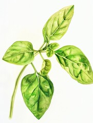 Wall Mural - Watercolor Basil Leaves on White Background - Botanical Illustration