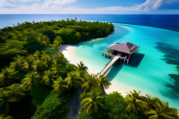 Wall Mural - A bird's-eye perspective captures a tropical paradise. A pristine beach stretches along the coastline, connected to the shore by a wooden dock extending into the crystal-clear aqua water. 