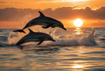 Poster - Two dolphins leaping out of the ocean at sunset with a golden sky in the background