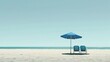 © Resni AI - Beach chairs under blue umbrella on sandy shore.