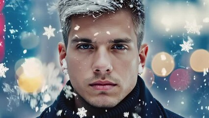 Wall Mural - Young man serious face portrait on city street snowing