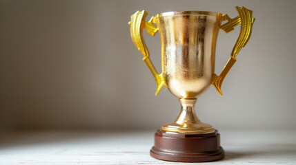 A gleaming gold trophy cup placed on a white background, symbolizing achievement and victory.