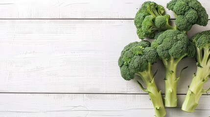 Wall Mural - Fresh green broccoli on white wooden table close up view with text space