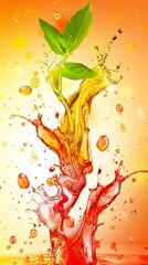 Wall Mural - A burst of colorful liquid with green leaves rising from the center