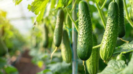 Wall Mural - Fresh Green Cucumbers Growing in a Greenhouse