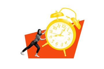 Composite photo collage of happy girl push alarm clock regime early morning bell punctuality limit isolated on painted background