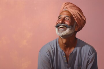 Poster - Portrait of a cheerful indian man in his 50s wearing a versatile buff in front of pastel or soft colors background