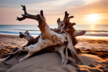 Poster - Driftwood sculptures, shaped by wind and waves, stand tall against the vast ocean. This scene captures the raw beauty and creativity of coastal living.