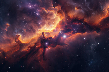 A cosmic nebula in orange and purple tones in space.