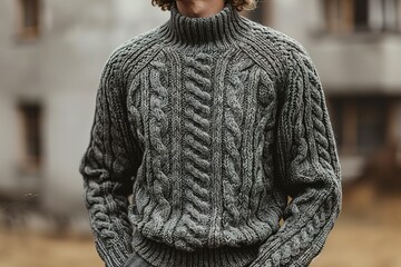 Wall Mural - A man is wearing a knitted sweater with a cable knit pattern