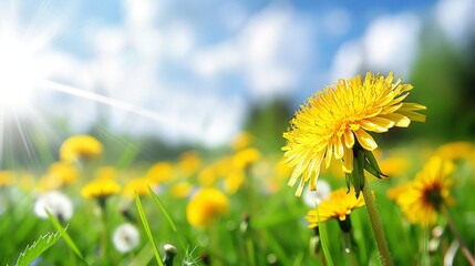 Wall Mural - Yellow Dandelion Flowers: Summer Meadow Close-Up Macro - Bright Landscape Panorama Banner