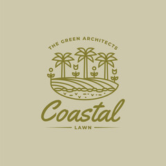 Wall Mural - minimalist coastal lawn line art icon logo vector illustration design. simple modern home and outdoor care logo concept