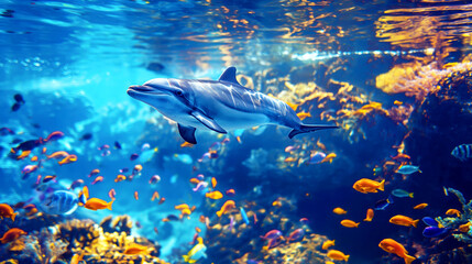 A vibrant underwater scene with a dolphin swimming among colorful tropical fish and coral reefs.