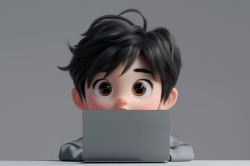 Boy using laptop. Young child with large eyes on computer, front view