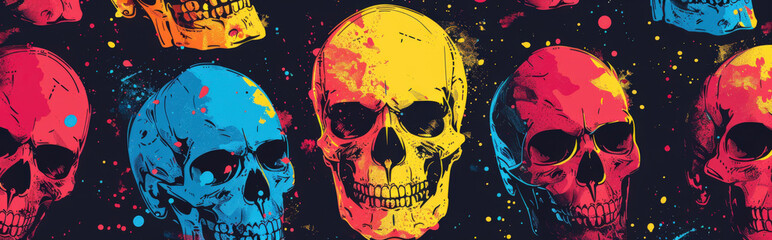 Wall Mural - brightly colored skulls against a dark, contrasting background, using bold colors to create a striking and festive image