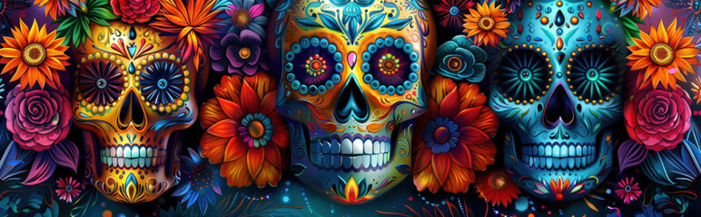 Wall Mural - brightly colored skulls against a dark, contrasting background, using bold colors to create a striking and festive image