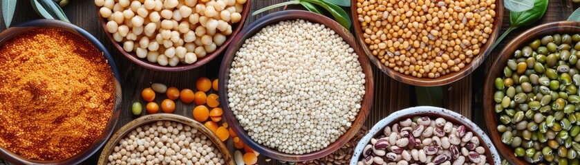 Wall Mural - Assortment of Grains and Legumes - A variety of grains and legumes in bowls, showcasing their diverse colors and textures. - A variety of grains and legumes in bowls, showcasing their diverse colors a