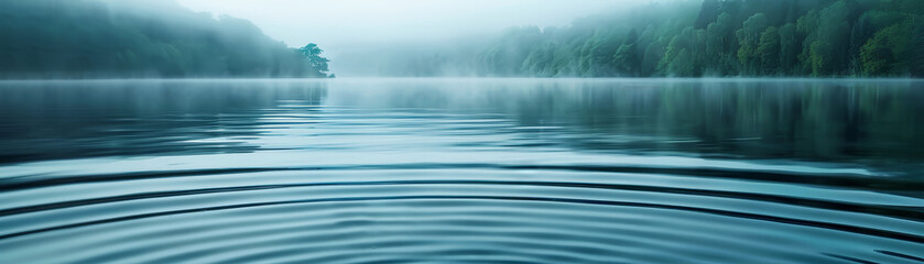 Poster - Tranquil Lake with Ripples and Misty Forest - Abstract tranquil lake representing calmness, with ample space for text - Abstract tranquil lake representing calmness, with ample space for text