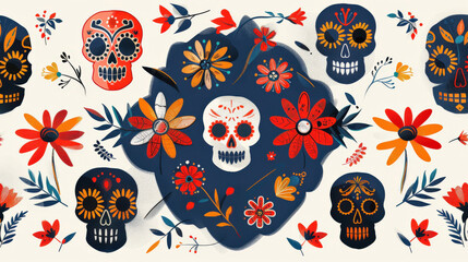 Wall Mural - minimalist, abstract faces of calaveras with floral motifs, using simple lines and shapes to convey the traditional aesthetic.
