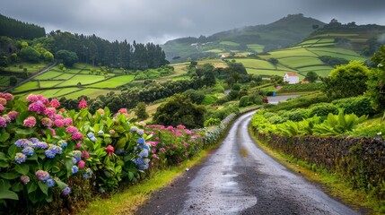 Canvas Print - Serene Country Road Through Lush Hills - A winding country road leads through a picturesque landscape of rolling green hills, dotted with trees and farmhouses. The road is lined with vibrant hydrangea