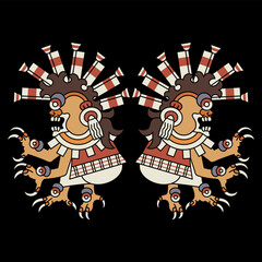 Wall Mural - Symmetrical ethnic design with two monsters from Aztec or Mixtec codex. Native American mythology. On black background.