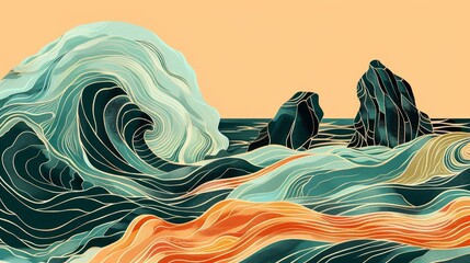 Sticker - Abstract Ocean Waves with Rocks - A digital illustration of abstract waves crashing over rocks, with a minimalist and serene aesthetic. - A digital illustration of abstract waves crashing over rocks, 