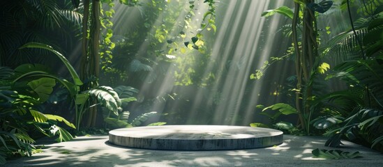 Wall Mural - Jungle Oasis: A Serene Stone Platform Amidst Lush Foliage