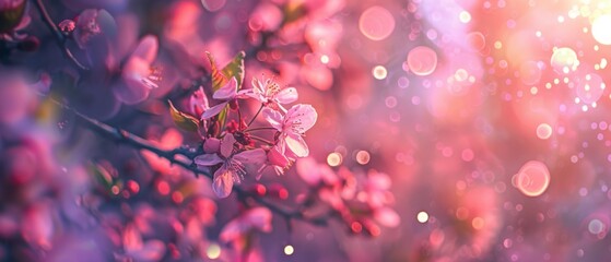 Canvas Print - abstract and dreamy banner background of of spring blossoms tree with pink flowers. selective focus. glitter overlay, with copy