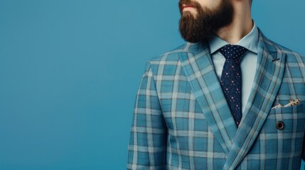 Wall Mural - A man in a blue plaid suit and blue patterned tie stands against a solid blue backdrop