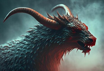 ai generated illustration of a mythical beast with horns and scales against a misty background