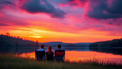 Poster - lovely couple sitting on camping chair and watching lake, dramatic sunset colors painting the sky
