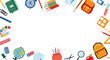 © Tally 18 - School supplies flat vector border. Back to school concept. Back to school background or frame with school supplies. Ruler, notebook, watercolor , crayons,backpack,pen, globe,book,pencil,brush,rubber.