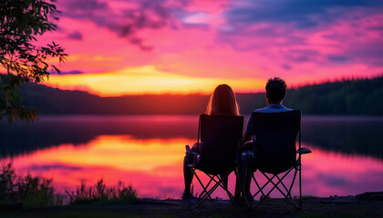 Wall Mural - lovely couple sitting on camping chair and watching lake, dramatic sunset colors painting the sky
