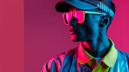 Canvas Print - A man wearing bright neon clothing and sunglasses, bathed in pink light