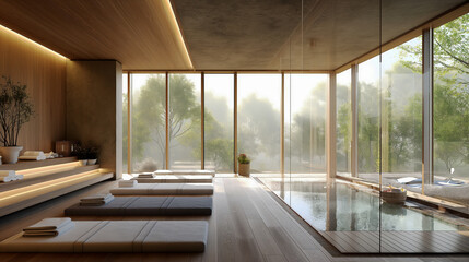 Wall Mural - Luxurious spa interior with large windows revealing a serene garden, tranquil pool and contemporary design.