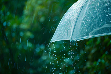 Wall Mural - close-up of an umbrella in the rain, with droplets flying around it and a blurred green background. 