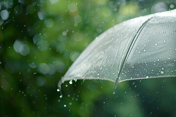 Wall Mural - close-up of an umbrella in the rain, with droplets flying around it and a blurred green background. 