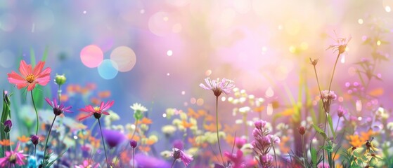 Wall Mural - Beautiful multicolored spring meadow background with wild flowers and bokeh lights