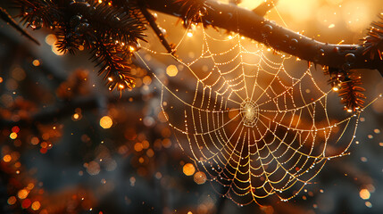 spider web with dew drops in morning with sun